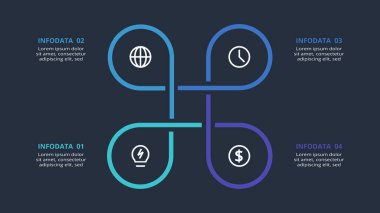 Dark infographic with 4 elements template for web on a black background, business, presentation, vector illustration