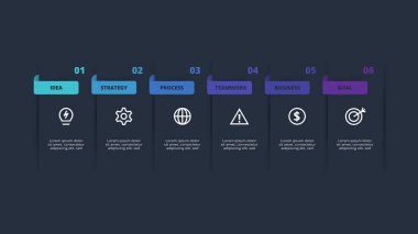 Dark infographic with 6 elements template for web on a black background, business, presentation, vector illustration