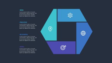 Dark infographic with 4 elements template for web on a black background, business, presentation, vector illustration