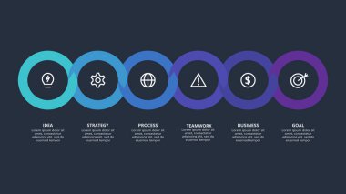 Dark infographic with 6 elements template for web on a black background, business, presentation, vector illustration