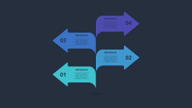 Siyah arkaplan, iş, sunum vektör illüstrasyonunda ağ için 4 öge şablonu içeren koyu renkli oklar
