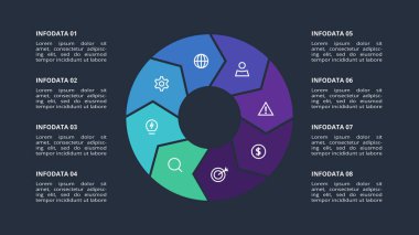 Siyah arkaplan, iş, sunum vektör illüstrasyonunda web için 8 öge şablonu içeren koyu renkli oklar