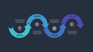 Siyah arkaplan, iş, sunum vektör illüstrasyonunda ağ için 4 öge şablonu içeren koyu renkli oklar