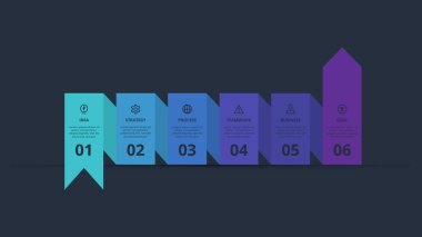 Siyah arkaplan, iş, sunum vektör illüstrasyonunda web için 6 öge şablonu içeren koyu renkli oklar