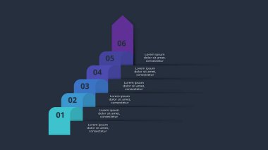 Siyah arkaplan, iş, sunum vektör illüstrasyonunda web için 6 öge şablonu içeren koyu renkli oklar