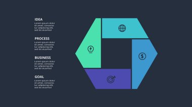 Circle dark infographic with 4 elements template for web on a black background, business, presentation.