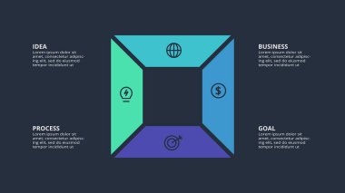 Circle dark infographic with 4 elements template for web on a black background, business, presentation.