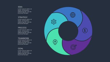 Circle dark infographic with 5 elements template for web on a black background, business, presentation.