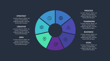 Circle dark infographic with 7 elements template for web on a black background, business, presentation.