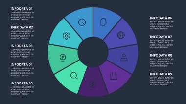 Circle dark infographic with 9 elements template for web on a black background, business, presentation.