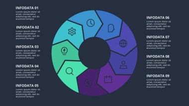 Circle dark infographic with 9 elements template for web on a black background, business, presentation.