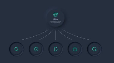 Neumorphic flowchart dark iinfographic. Template for web on a black background, business, presentation.