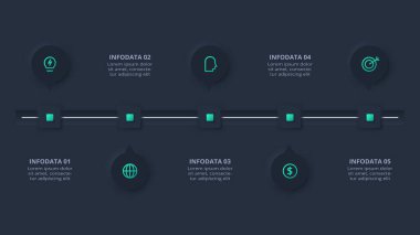 Neumorphic flowchart dark iinfographic. Template for web on a black background, business, presentation.