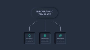 Neumorphic flowchart dark iinfographic. Template for web on a black background, business, presentation.