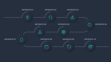 Neumorphic flowchart dark iinfographic. Template for web on a black background, business, presentation.