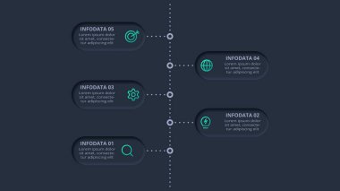 Neumorphic flowchart dark iinfographic. Template for web on a black background, business, presentation.