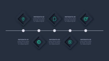 Neumorphic flowchart dark iinfographic. Template for web on a black background, business, presentation.