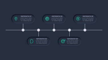 Neumorphic flowchart dark iinfographic. Template for web on a black background, business, presentation.