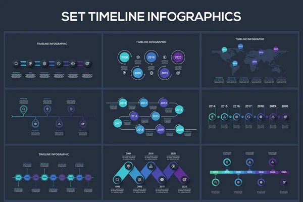 Set Timeline Dark Infographics Elements Options — Stock Vector
