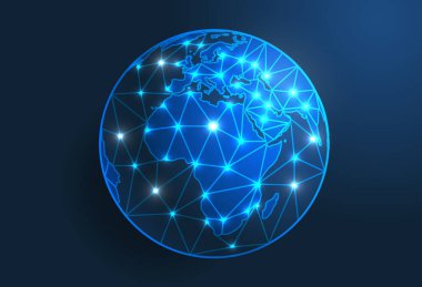 Dünya ülkeleri şeklindeki noktalar, şekiller ve uzaydan oluşan küresel bir haritanın vektör görüntüsü. Düzenlemesi kolay