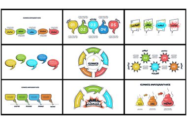 Çizgi roman bilgisini 6 adım, seçenek, parça veya süreçle ayarla. İş verisi görselleştirmesi. Yaratıcı bilgi şablonu