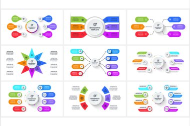Infographic için yaratıcı kavramı 3, 4, 5, 6, 8, 9 adım, seçenekler, parçalar veya süreçlerle ayarla.