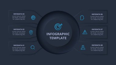 Neumorfik akış şeması koyu iinfografik. İş veri görselleştirmesi.