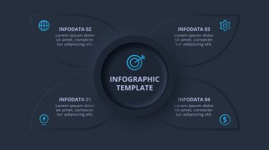 Neumorfik akış şeması koyu iinfografik. İş veri görselleştirmesi.