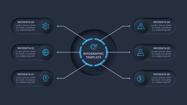 Neumorfik akış şeması koyu iinfografik. İş veri görselleştirmesi.