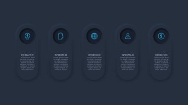 Neumorfik akış şeması koyu iinfografik. İş veri görselleştirmesi.