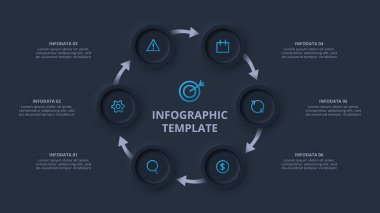 Neumorfik akış şeması koyu iinfografik. İş veri görselleştirmesi.