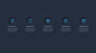 Neumorfik akış şeması koyu iinfografik. İş veri görselleştirmesi.