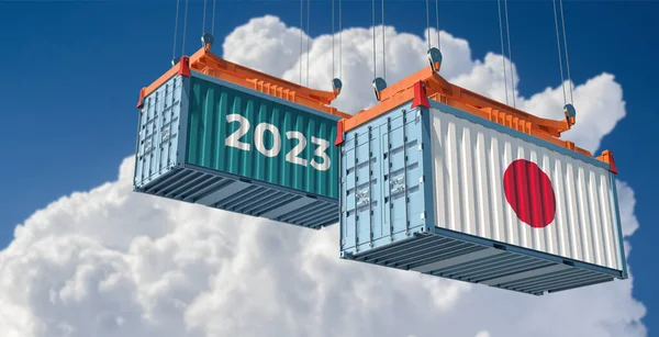 2023年取引 日本国旗付き貨物コンテナ 3Dレンダリング — ストック写真