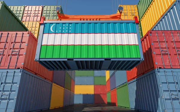 Vrachtcontainer Met Oezbekistan Nationale Vlag Ontwerp Weergave — Stockfoto