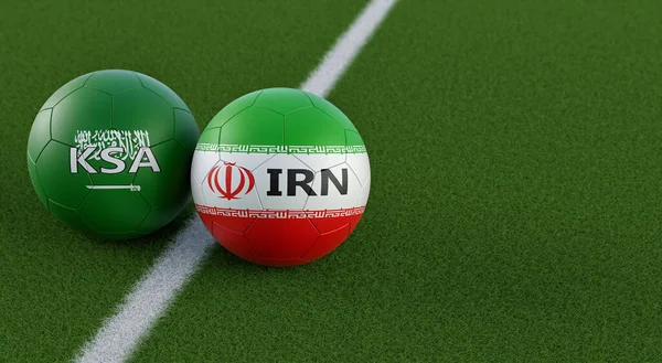 Saudi Arabia vs. Iran Soccer Match - Soccer balls in Iran and Saud Arabia national. colors 3D Rendering