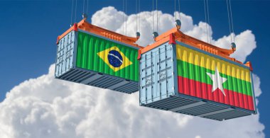 Cargo containers with Myanmar and Brazil national flags. 3D Rendering 