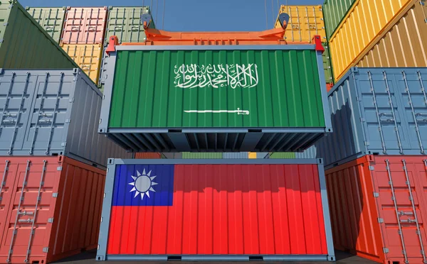 Recipientes Carga Com Bandeiras Nacionais Taiwan Arábia Saudita Renderização — Fotografia de Stock