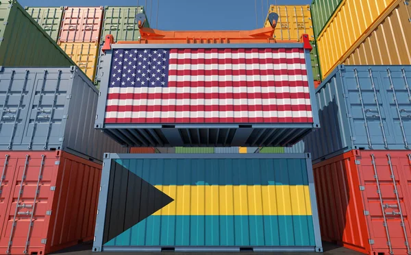 装有巴哈马和美国国旗的货物集装箱 3D渲染 — 图库照片