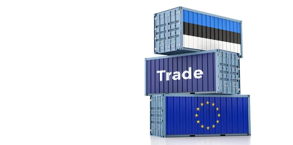 悬挂欧洲联盟和爱沙尼亚国旗的货运集装箱 3D渲染 — 图库照片