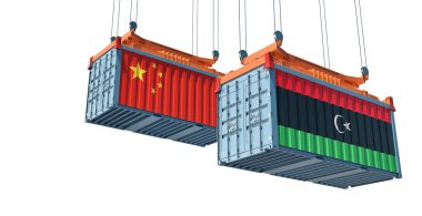 Çin ve Libya ulusal bayraklı kargo konteynerleri. 3B Hazırlama 