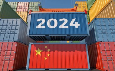 Takas 2024. Çin bayrağı taşıyan konteynır. 3B Hazırlama 