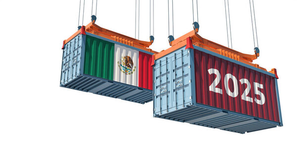 Trading 2025. Freight container with Mexico national flag. 3D Rendering 