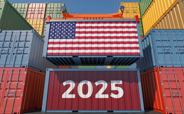 Trading 2025. Freight container with USA national flag. 3D Rendering 