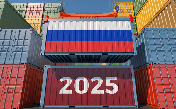 Trading 2025. Freight container with Russia national flag. 3D Rendering 