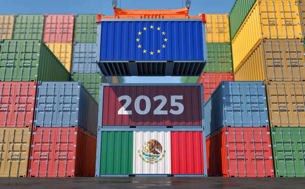 Trading 2025. Cargo Container with European Union and Mexico flag. 3D Rendering