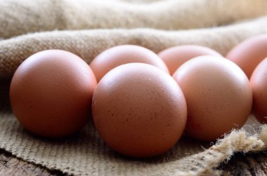 Masada taze tavuk yumurtası var. Hayvan ürünleri..