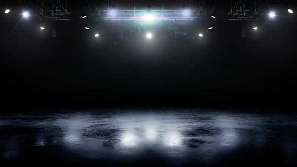 Blue ice floor texture and mist. Snow and ice background. Empty ice rink illuminated by spotlights. Scene Illumination. 3D rendering