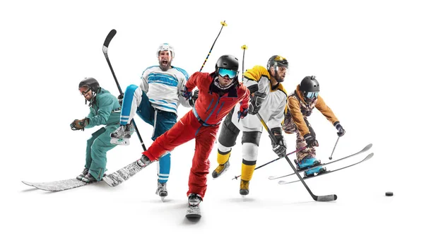 スポーツアクション スキーとホッケー 冬のスポーツ プロスポーツ選手 スポーツコラージュ 白に分離する — ストック写真