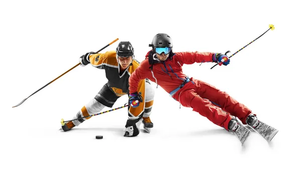 スポーツアクション スキーとホッケー 冬のスポーツ 2人のプロスポーツ選手 スポーツコラージュ 白に分離する — ストック写真