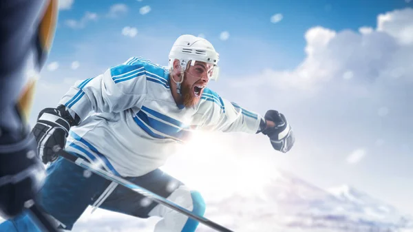 Hockey action. Professional hockey players playing hockey on a rink in mountain. Sport emotion. Hockey close up. Sport